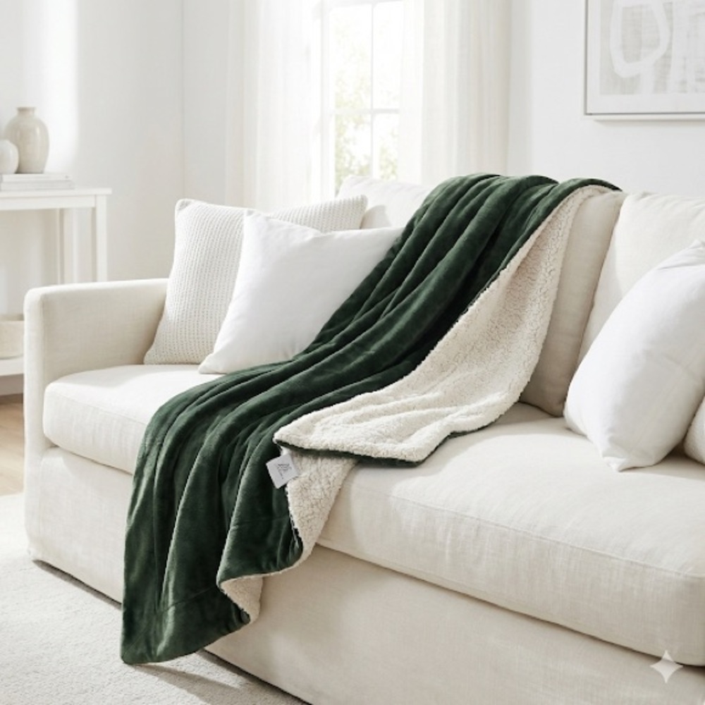 Life Comfort Oversized Throw Blanket Sherpa Plush Green Cream 70x70